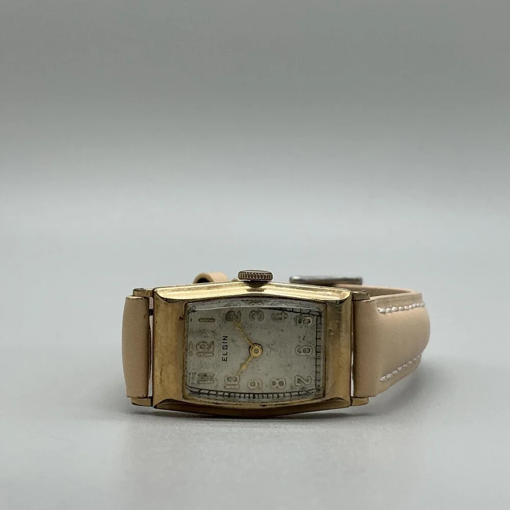Vintage Elgin Mens Watch 21mm Driver Gold Tone Manual Wind Beige Leather